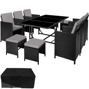 Rattan Sitzgruppe Malaga 6+4+1 mit Schutzhülle - schwarz/grau