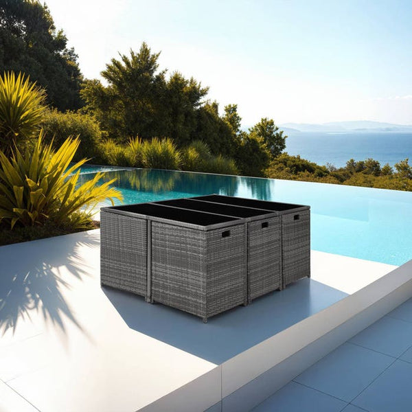 Rattan Sitzgruppe Malaga 6+4+1, hellgrau