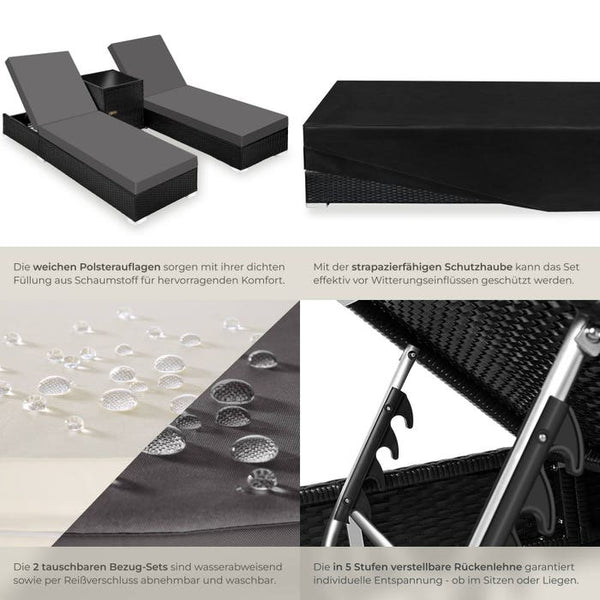 2er Set Aluminium Rattan Sonnenliegen schwarz