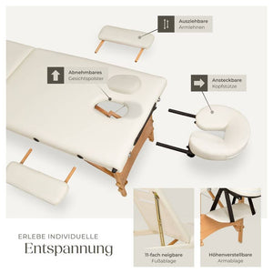 3 Zonen Massageliege mit Polsterung und Holzgestell beige