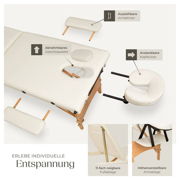 3 Zonen Massageliege mit Polsterung und Holzgestell beige