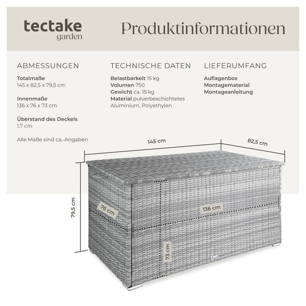 Auflagenbox mit Aluminiumgestell Oslo, 145x82,5x79,5cm - hellgrau