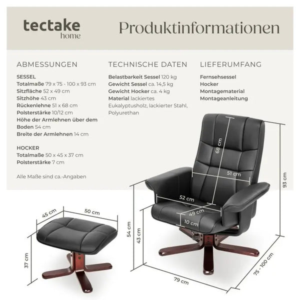 Fernsehsessel mit Hocker drehbar Kunstleder schwarz/braun