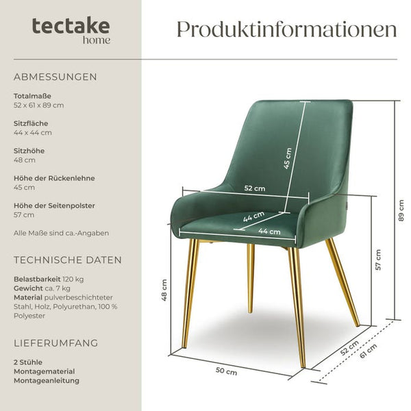 Polsterstuhl Avane, Samtoptik, Belastbarkeit 120 kg grün 2er Set