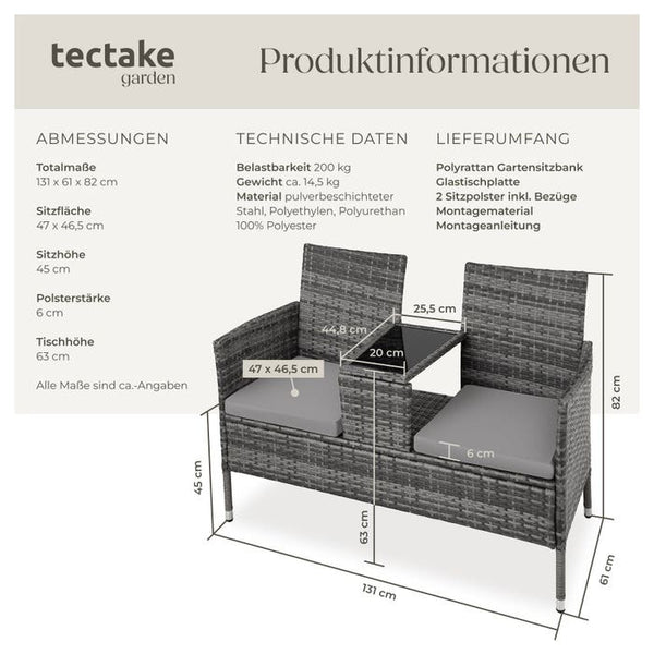 Rattan Gartensitzbank mit Tisch grau/hellgrau