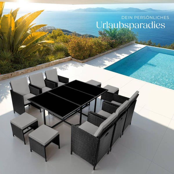 Rattan Sitzgruppe Malaga 6+4+1 mit Schutzhülle - schwarz/grau