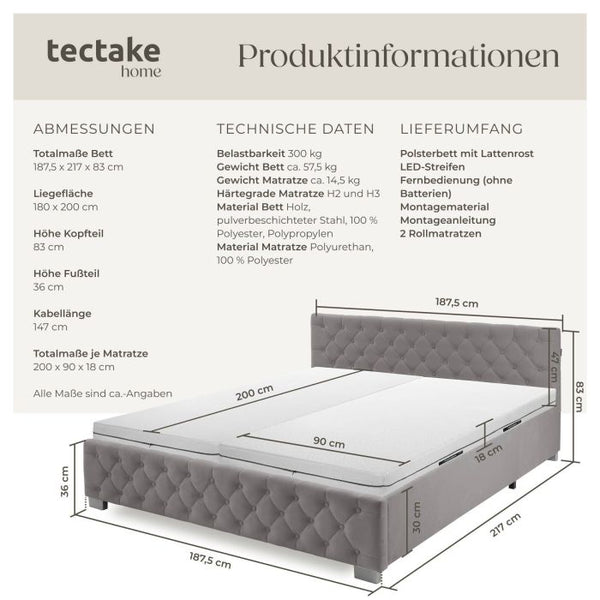 Bettset Polsterbett mit LED und Matratze Samtoptik dunkelgrau 180 x 200 cm