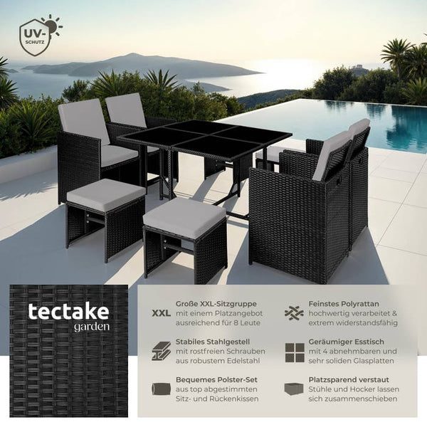 Rattan Sitzgruppe Bilbao 4+4+1 mit Schutzhülle - schwarz/grau