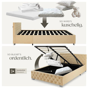 Polsterbett mit LED-Leisten & Stauraum beige 140 x 200 cm