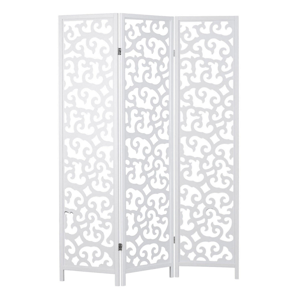 Paravent Weiss Verzierungen| 3 teilig | Holz | Raumteiler Trennwand Sichtschutz