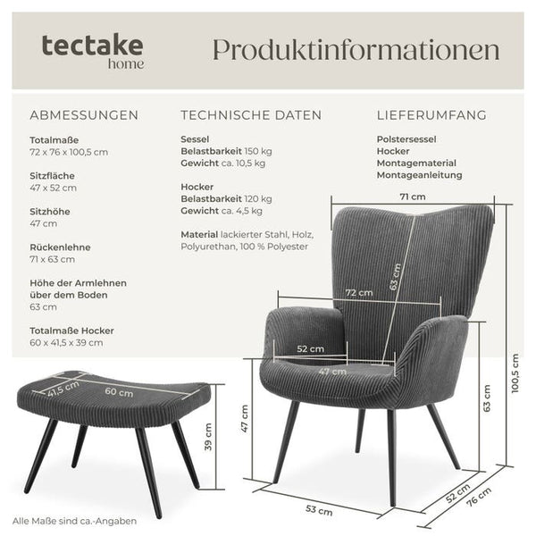 Sessel Hygge gepolstert, ergonomisch, Belastbarkeit 150 kg Breitcord anthrazit/schwarz mit Hocker