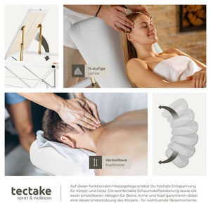 3 Zonen Massageliege mit 5cm Polsterung, Rollen und Aluminiumgestell weiss