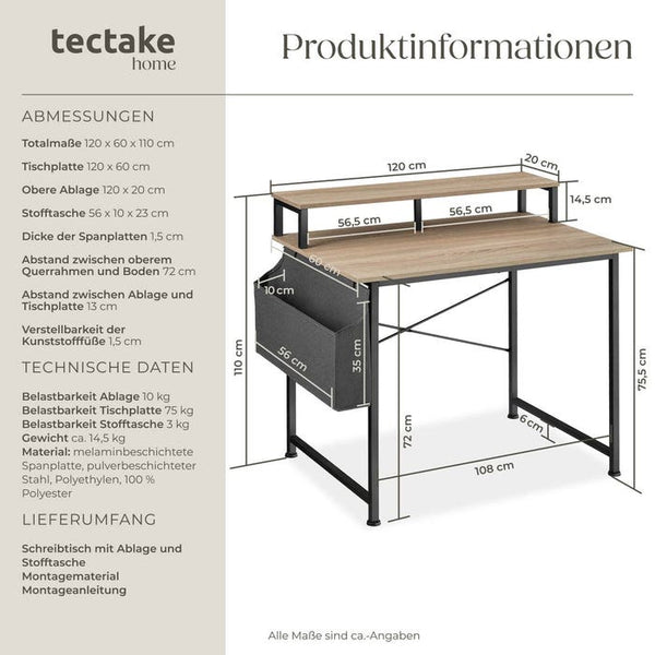 Schreibtisch mit Ablage und Stofftasche Industrial Holz hell, Eiche Sonoma 120 cm