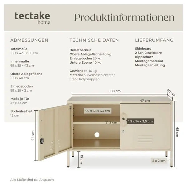 Sideboard Baker Metall mit Magnetverschluss creme 100 x 42,5 x 65 cm