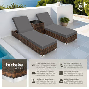 2 aluminium polyrattan sun loungers + table, brown