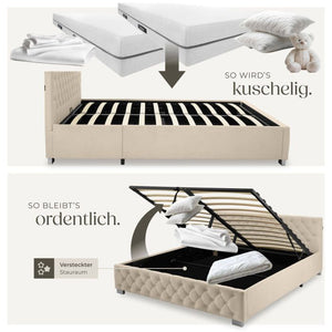 Bettset Polsterbett mit LED und Matratze Samtoptik sand 180 x 200 cm