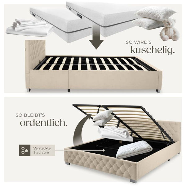 Bettset Polsterbett mit LED und Matratze Samtoptik sand 180 x 200 cm