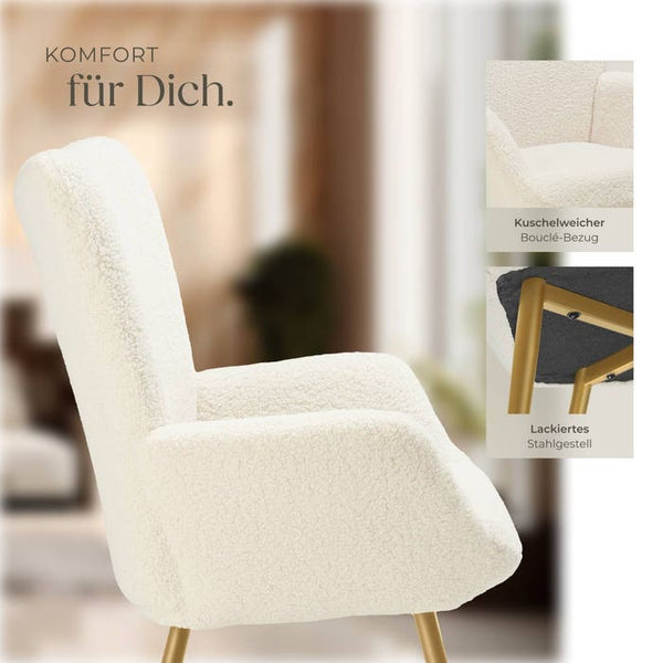 Sessel Hygge gepolstert, ergonomisch, Belastbarkeit 150 kg Bouclé creme/gold ohne Hocker