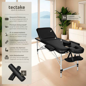 3 Zonen Massageliege mit 5cm Polsterung, Rollen und Aluminiumgestell schwarz