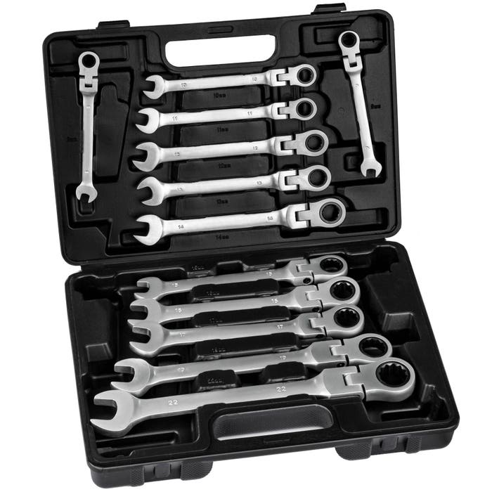 Set di chiavi a cricchetto con giunti sferici flessibili, 12 pezzi.