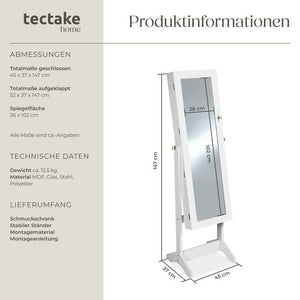 Schmuckschrank mit Spiegel, hochkant weiss
