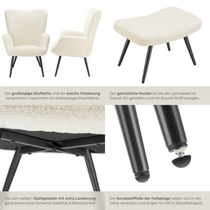 Sessel Hygge gepolstert, ergonomisch, Belastbarkeit 150 kg Bouclé creme/schwarz mit Hocker