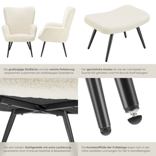 Sessel Hygge gepolstert, ergonomisch, Belastbarkeit 150 kg Bouclé creme/schwarz mit Hocker