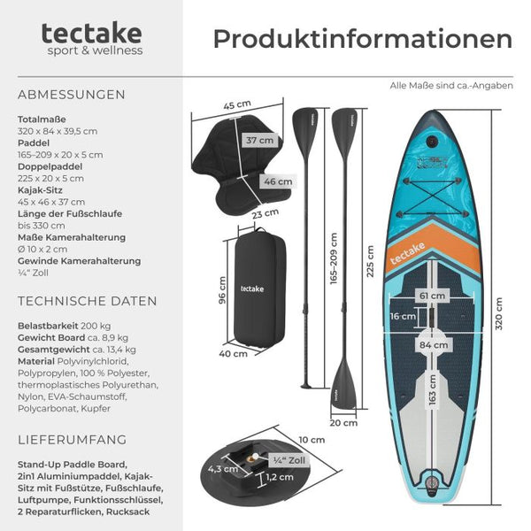 Stand-Up Paddle Board 2in1 Palagios türkis/orange 320 cm mit Kamerahalterung