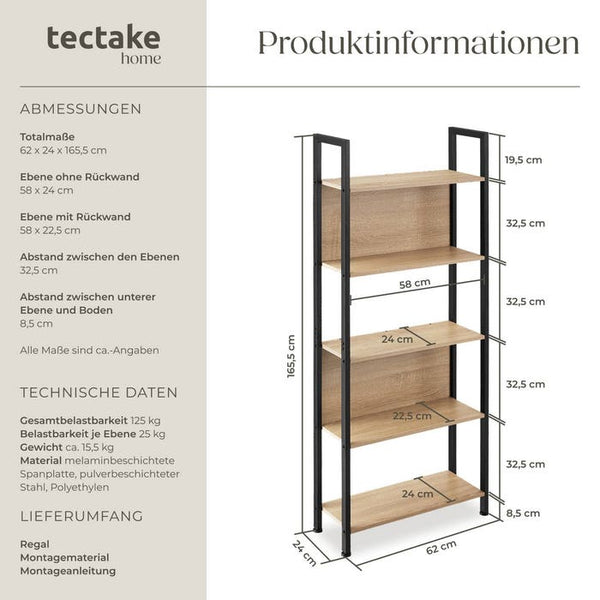 Scaffale Westport 62x24x165,5cm Legno chiaro industriale, rovere Sonoma