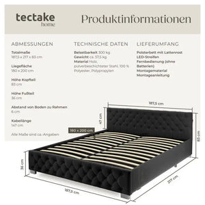 Polsterbett Daytona mit LED und Stauraum Samtoptik schwarz 180 x 200 cm