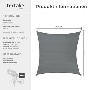 Polyethylen Sonnensegel quadratisch, Variante 2 540 x 540 cm