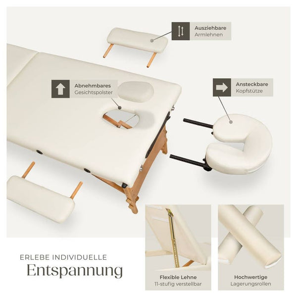 3 Zonen Massageliege-Set Daniel mit Polsterung, Rollen und Holzgestell beige
