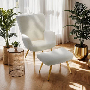Sessel Hygge gepolstert, ergonomisch, Belastbarkeit 150 kg Bouclé creme/gold mit Hocker