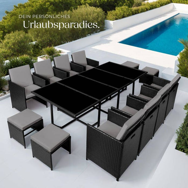 Rattan Sitzgruppe Palma 8+4+1 mit Schutzhülle schwarz/grau