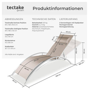 2x Gartenliegen, 5-stufig, beige