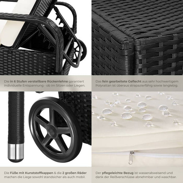 Sonnenliege Rattan mit Rollen schwarz/beige