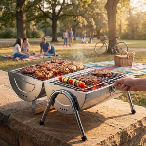 Edelstahlgrill mit 2 Grillflächen und 2 Kohlewannen silber