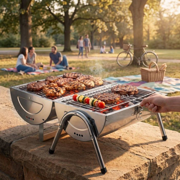 Edelstahlgrill mit 2 Grillflächen und 2 Kohlewannen silber