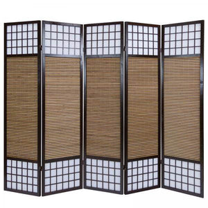 5 fach Holz Paravent Raumteiler braun Bambus