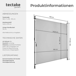 Klemmmarkise Taija hellgrau 150 x 310 cm