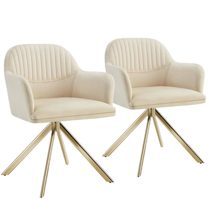 Fauteuil pivotant en velours Lona crème/or, lot de 2