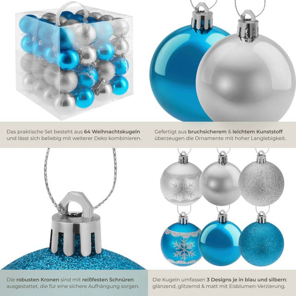 64er Set Weihnachtskugeln silber/blau