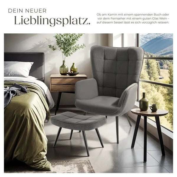 Sessel Hygge mit Hocker Feincord anthrazit/schwarz