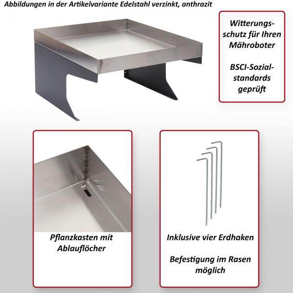Mähroboter-Garage mit Pflanzkasten HWC-G60, Dach Unterstand für Rasenmäher, Metall 37x60x70cm ~ grau