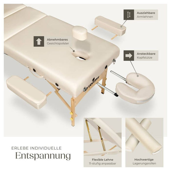 3 Zonen Massageliege-Set Somwang mit 7,5cm Polsterung, Rollen und Holzgestell beige