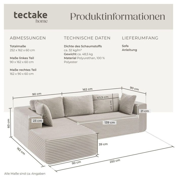 Sofa Relax Boneless L-Form Samtcord beige