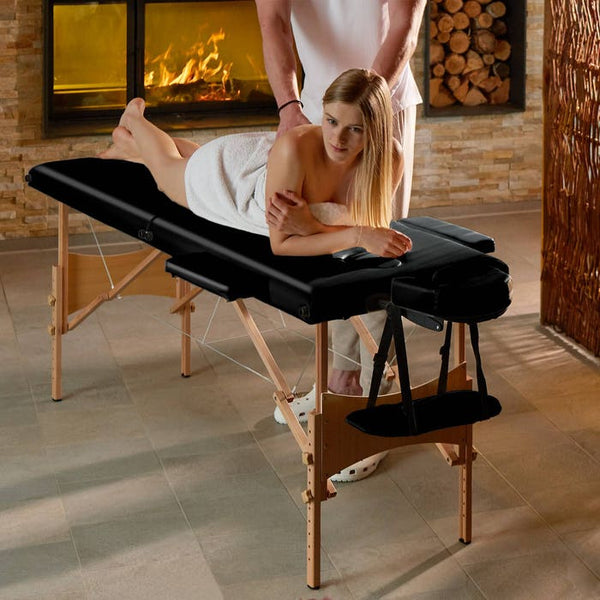 Set lettino da massaggio Freddi a 2 zone con imbottitura da 5 cm, ruote e struttura in legno nero