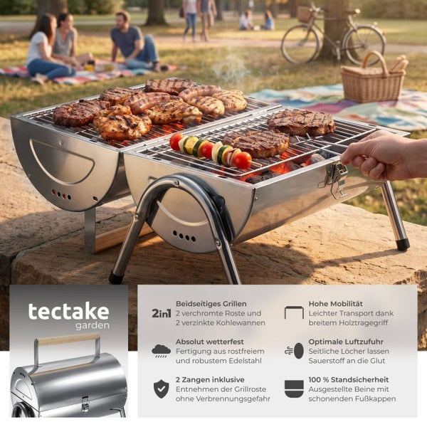 Edelstahlgrill mit 2 Grillflächen und 2 Kohlewannen silber