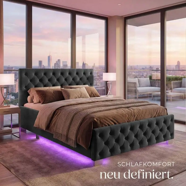 Polsterbett Sedona mit LED und Stauraum Samtoptik schwarz 120 x 200 cm