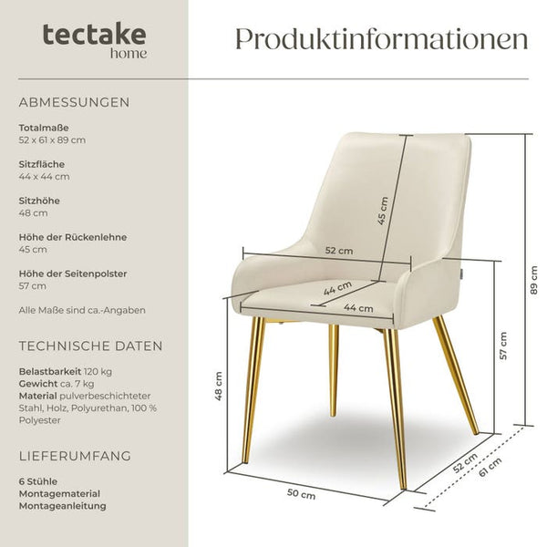 Polsterstuhl Avane, Samtoptik, Belastbarkeit 120 kg beige 6er Set